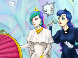 Size: 2000x1500 | Tagged: safe, artist:virtue147, imported from derpibooru, princess celestia, princess luna, human, the crystalling, auntie luna, auntlestia, clothes, hole, humanized, implied flurry heart, rattle