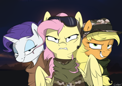 Size: 1024x719 | Tagged: safe, artist:rutkotka, imported from derpibooru, applejack, fluttershy, rarity, earth pony, pegasus, pony, unicorn, alternate timeline, camouflage, crystal war timeline, female, flutterbadass, goggles, grin, gritted teeth, mare, trio