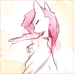 Size: 698x702 | Tagged: safe, artist:suplolnope, imported from derpibooru, fluttershy, pegasus, pony, bust, colored sketch, eyes closed, female, head turn, looking away, monochrome, neo noir, partial color, portrait, rear view, sketch, solo, turned head