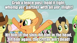 Size: 888x499 | Tagged: safe, edit, edited screencap, imported from derpibooru, screencap, applejack, braeburn, earth pony, pony, apple family reunion, clothes, cowboy hat, female, glasses, hat, hillbilly hare, image macro, implied violence, looney tunes, male, mare, meme, solo focus, song reference, stallion, vest