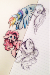 Size: 737x1100 | Tagged: safe, artist:buttersprinkle, imported from derpibooru, pinkie pie, rainbow dash, fourth wall, lined paper, stuck, traditional art