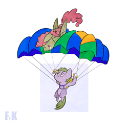 Size: 1280x1280 | Tagged: safe, artist:fluttershythekind, imported from derpibooru, oc, oc only, oc:software patch, oc:windcatcher, falling, flying, parachute, riding, skydiving, windpatch