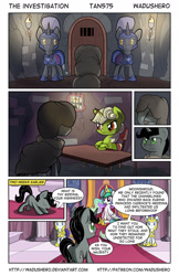 Size: 1280x1978 | Tagged: safe, artist:tan575, artist:wadusher0, imported from derpibooru, princess celestia, oc, oc:greenvine, oc:moonshroud, alicorn, pony, unicorn, comic:the investigation, cloak, clothes, comic, dialogue, prison, royal guard, table, throne room