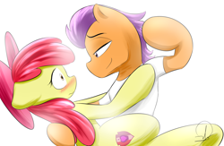 Size: 2300x1500 | Tagged: safe, artist:phuocthiencreation, imported from derpibooru, apple bloom, tender taps, on your marks, blushing, cutie mark, dancing, female, floppy ears, male, shipping, straight, tenderbloom, the cmc's cutie marks, wide eyes