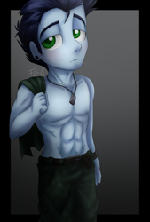 Size: 800x1184 | Tagged: safe, artist:fj-c, imported from derpibooru, soarin', equestria girls, abs, bare chest, clothes, dog tags, equestria girls-ified, male, piercing, solo, topless