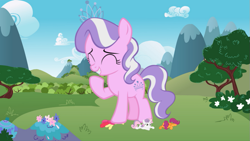 Size: 837x471 | Tagged: safe, artist:kingbilly97, imported from derpibooru, apple bloom, diamond tiara, scootaloo, sweetie belle, earth pony, pegasus, pony, unicorn, abuse, applebuse, cutie mark crusaders, eyes closed, giant earth pony, giant pony, giantess, laughing, macro, scootabuse, sweetiebuse