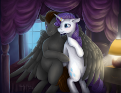 Size: 1479x1142 | Tagged: safe, artist:shady-bush, imported from derpibooru, rarity, oc, oc:greywing, bed, canon x oc, rariwing, ring, shipping, smiling