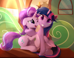 Size: 1521x1200 | Tagged: safe, artist:scootiebloom, imported from derpibooru, starlight glimmer, twilight sparkle, alicorn, pony, unicorn, the crystalling, cheek squish, counterparts, cute, daaaaaaaaaaaw, duo, female, floppy ears, glimmerbetes, hug, mare, one eye closed, open mouth, scene interpretation, sitting, train, twiabetes, twilight sparkle (alicorn), twilight's counterparts