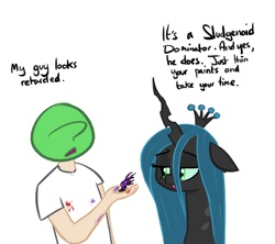 Size: 442x392 | Tagged: safe, artist:shoutingisfun, imported from derpibooru, queen chrysalis, oc, oc:anon, changeling, changeling queen, human, dialogue, dork, dorkalis, female, human male, hyperspace hyperwars, male, retarded, simple background, sludgenoids, thin your paints, white background