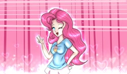 Size: 1280x750 | Tagged: safe, artist:161141, imported from derpibooru, pinkie pie, human, clothes, female, humanized, peace sign, skirt, solo, t-shirt, wink