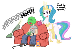 Size: 800x516 | Tagged: safe, artist:shoutingisfun, imported from derpibooru, princess celestia, oc, oc:anon, alicorn, human, pony, alternate hairstyle, anon's couch, apron, clothes, controller, couch, cute, cutelestia, housewife, kid anon, momlestia, mother and son, nintendo 64, poké ball, pokéball, pokémon, simple background, vacuum cleaner, white background