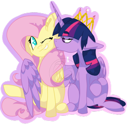 Size: 1024x1024 | Tagged: safe, artist:23questionmark, imported from derpibooru, fluttershy, twilight sparkle, alicorn, pegasus, pony, cheek kiss, cute, duo, duo female, female, floppy ears, grin, heart eyes, hug, jewelry, kiss on the cheek, kissing, lesbian, lidded eyes, mare, raised hoof, shipping, shyabetes, simple background, sitting, smiling, sparkles, tiara, transparent background, twiabetes, twilight sparkle (alicorn), twishy, watermark, wingding eyes, winghug, wink