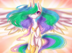 Size: 1024x758 | Tagged: safe, artist:crepewolf, imported from derpibooru, princess celestia, alicorn, pony, backlighting, crepuscular rays, female, flying, mare, solo