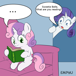 Size: 1000x1000 | Tagged: safe, artist:empyu, edit, imported from derpibooru, rarity, sweetie belle, pony, unicorn, ..., book, cutie mark, dialogue, duo, exploitable meme, female, filly, mare, meme, reading, speech bubble, sweetie belle's book, the cmc's cutie marks, under snow, wide eyes