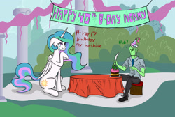 Size: 3221x2160 | Tagged: artist needed, safe, artist:anonymous, imported from derpibooru, princess celestia, oc, oc:anon, alicorn, human, pony, 4chan, birthday, birthday cake, cake, crying, duo, feels, female, floppy ears, food, hat, immortality blues, knife, male, momlestia, party hat, sad, table