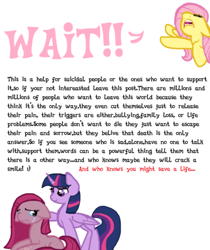 Size: 1080x1286 | Tagged: safe, imported from derpibooru, fluttershy, pinkie pie, twilight sparkle, pinkamena diane pie, suicide prevention, text, twilight sparkle (alicorn)