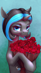 Size: 382x676 | Tagged: safe, artist:oneofyouare, imported from derpibooru, oc, oc only, oc:neon limetti, pony, flower, rose, solo