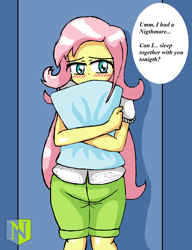 Size: 1000x1300 | Tagged: safe, artist:neutralchilean, imported from derpibooru, fluttershy, human, blushing, bronybait, female, humanized, looking away, misspelling, pillow, pillow hug, solo, speech bubble, standing