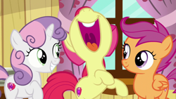 Size: 1280x720 | Tagged: safe, imported from derpibooru, screencap, apple bloom, scootaloo, sweetie belle, on your marks, cutie mark crusaders, nose in the air, open mouth, volumetric mouth