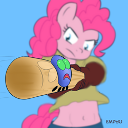 Size: 1000x1000 | Tagged: safe, artist:empyu, imported from derpibooru, pinkie pie, anthro, parasprite, baseball bat, belly button, female, midriff, solo