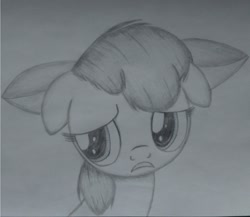 Size: 1660x1440 | Tagged: safe, artist:kaczor1121, imported from derpibooru, apple bloom, female, floppy ears, monochrome, sad, sketch, solo, traditional art