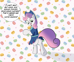 Size: 960x810 | Tagged: safe, artist:cosmonaut, imported from derpibooru, sweetie belle, pony, bipedal, butt, clothes, cow belle, cowboy hat, cutie mark, dialogue, dock, female, filly, hat, innocent, plot, skirt, skirt lift, solo, speech bubble, sweetie butt, the cmc's cutie marks, we don't normally wear clothes