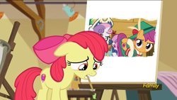 Size: 1280x720 | Tagged: safe, edit, edited screencap, imported from derpibooru, screencap, apple bloom, scootaloo, sweetie belle, on your marks, apple bloom's painting, butt, clothes, cow belle, cowgirl outfit, cutie mark, discovery family logo, lederhosen, looking at you, meme, out of context, painting, plot, plot pair, the cmc's cutie marks, yodeloo