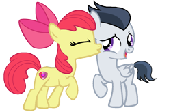 Size: 1078x708 | Tagged: safe, artist:rozyfly10, imported from derpibooru, apple bloom, rumble, earth pony, pegasus, pony, backwards cutie mark, cheek kiss, colt, cutie mark, duo, eyes closed, female, filly, foal, kissing, kissy face, love, male, open mouth, open smile, raised hoof, rumbloom, shipping, simple background, smiling, straight, the cmc's cutie marks, transparent background