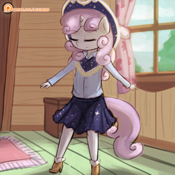 Size: 750x750 | Tagged: safe, artist:lumineko, imported from derpibooru, sweetie belle, anthro, plantigrade anthro, unicorn, on your marks, clothes, cow belle, eyes closed, female, high heels, patreon, patreon logo, scene interpretation, shoes, skirt, solo