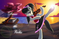 Size: 4680x3120 | Tagged: safe, artist:althyra-nex, imported from derpibooru, octavia melody, pony, active stretch, bipedal, clothes, dancing, female, lens flare, lindsey stirling, musical instrument, solo, sunset, text, violin