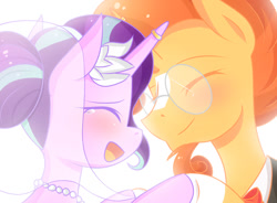 Size: 900x663 | Tagged: safe, artist:littlecloudie, imported from derpibooru, starlight glimmer, sunburst, oc, pony, unicorn, bridal veil, clothes, crying, cute, duo, engagement ring, eyes closed, female, glasses, glimmerbetes, happiness, happy, horn, horn ring, jewelry, male, mare, marriage, open mouth, ring, shipping, smiling, stallion, starburst, straight, tears of joy, tuxedo, veil, wedding, wedding ring, wedding veil