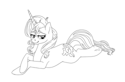 Size: 1024x672 | Tagged: safe, artist:catlover1672, imported from derpibooru, sunset shimmer, pony, unicorn, bedroom eyes, lineart, monochrome, wip