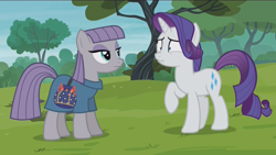 Size: 1280x723 | Tagged: safe, imported from derpibooru, screencap, maud pie, rarity, earth pony, pony, unicorn, the gift of the maud pie, duo, female, mare, pouch, rock pouch, scrunchy face, shrunken pupils