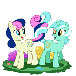 Size: 1000x1000 | Tagged: safe, artist:madmax, imported from derpibooru, bon bon, lyra heartstrings, sweetie drops, earth pony, pony, unicorn, adorabon, couple, cute, female, hilarious in hindsight, intertwined tails, lesbian, looking at each other, lyrabetes, lyrabon, mare, my little pony, shipping, simple background, smiling, transparent background