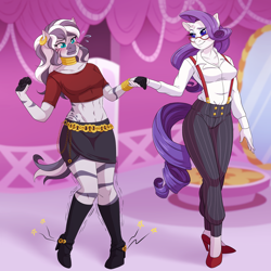 Size: 2500x2500 | Tagged: safe, artist:g-blue16, imported from derpibooru, rarity, zecora, anthro, plantigrade anthro, zebra, abs, adonis belt, alternate hairstyle, belly button, blushing, boots, breasts, cleavage, clothes, female, glasses, high heel boots, high heels, jewelry, midriff, pain, shoes, smiling, suspenders