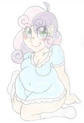 Size: 1161x1709 | Tagged: safe, artist:blackbewhite2k7, imported from derpibooru, sweetie belle, human, big belly, breasts, chubby, clothes, fat, female, humanized, moe, nightgown, simple background, sketch, solo, sweetie belly, white background, wip