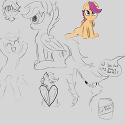 Size: 2000x2000 | Tagged: safe, artist:epicplatypus, imported from derpibooru, scootaloo, human, pegasus, pony, equestria girls, ^^, bipedal, dialogue, eyes closed, female, filly, foal, folded wings, food, gray background, gritted teeth, jar, looking at you, offscreen character, peanut butter, simple background, sitting, sketch, smiling, solo, speech bubble, talking, teeth, the cmc's cutie marks, wings