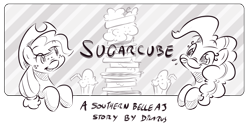 Size: 2400x1214 | Tagged: safe, artist:dilarus, deleted from derpibooru, imported from derpibooru, applejack, pinkie pie, comic:sugarcube, black and white, comic, grayscale, header, monochrome, title card