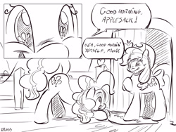 Size: 4000x3000 | Tagged: safe, artist:dilarus, deleted from derpibooru, imported from derpibooru, applejack, pinkie pie, earth pony, pony, comic:sugarcube, black and white, comic, cute, dialogue, diapinkes, female, grayscale, mare, monochrome, smiling