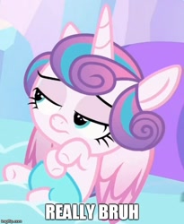 Size: 500x609 | Tagged: safe, imported from derpibooru, screencap, princess flurry heart, the crystalling, bruh, condescending flurry heart, cropped, female, image macro, meme, reaction image, solo, text, unamused