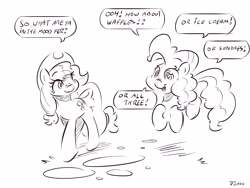 Size: 4000x3000 | Tagged: safe, artist:dilarus, deleted from derpibooru, imported from derpibooru, applejack, pinkie pie, comic:sugarcube, black and white, comic, grayscale, hopping, monochrome