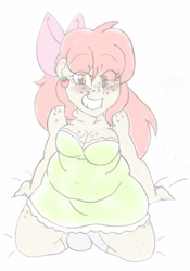 Size: 2006x2869 | Tagged: safe, artist:blackbewhite2k7, imported from derpibooru, apple bloom, human, apple blob, blushing, breasts, busty apple bloom, chubby, clothes, commission, fat, female, freckles, humanized, looking at you, nightgown, older, simple background, sketch, solo, white background, wip