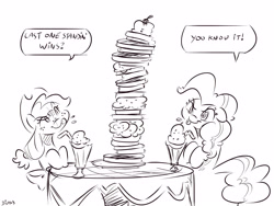 Size: 4000x3000 | Tagged: safe, artist:dilarus, deleted from derpibooru, imported from derpibooru, applejack, pinkie pie, comic:sugarcube, black and white, comic, food, grayscale, milkshake, monochrome, pancakes