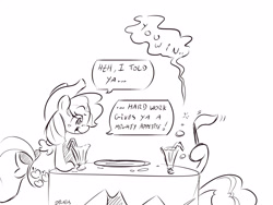 Size: 4000x3000 | Tagged: safe, artist:dilarus, deleted from derpibooru, imported from derpibooru, applejack, pinkie pie, comic:sugarcube, comic, eating contest, gluttony, milkshake, monochrome, surrender, white flag