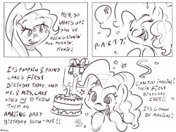 Size: 4000x3000 | Tagged: safe, artist:dilarus, deleted from derpibooru, imported from derpibooru, applejack, pinkie pie, comic:sugarcube, black and white, comic, grayscale, monochrome, talking heads