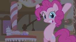 Size: 1920x1080 | Tagged: safe, imported from derpibooru, screencap, pinkie pie, bridle gossip, cupcake, food, looking at you, standing, sugarcube corner