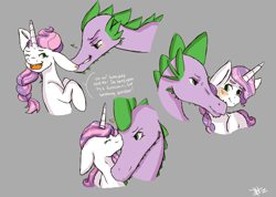 Size: 1024x731 | Tagged: safe, artist:loladotz, imported from derpibooru, spike, sweetie belle, cute, diasweetes, ear bite, female, male, older, older spike, shipping, spikebelle, straight