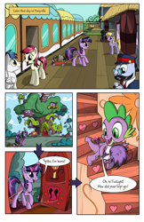 Size: 1750x2700 | Tagged: safe, artist:sirzi, artist:true line translators, imported from derpibooru, roseluck, spike, twilight sparkle, alicorn, dragon, earth pony, pegasus, pony, comic:talisman for a pony, comic, crossover, duster, female, golden oaks library, jackie chan adventures, mare, ponyville train station, train, translation, twilight sparkle (alicorn)