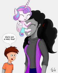 Size: 1200x1500 | Tagged: safe, artist:egstudios93, imported from derpibooru, princess flurry heart, oc, oc:billy, oc:lily orchard, oc:lily peet, equestria girls, the crystalling, bhaalspawn, billy, eyes closed, face humping, facehug, frown, glare, grin, humping, lily orchard, lily peet, open mouth, smiling