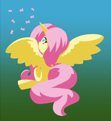 Size: 1024x1124 | Tagged: safe, artist:topaztortise, imported from derpibooru, fluttershy, alicorn, butterfly, pony, alicornified, female, flat colors, fluttercorn, looking at something, looking away, looking up, race swap, sitting, solo, spread wings